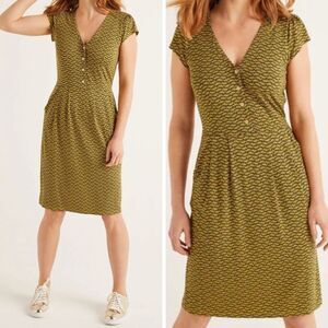 Boden Olive Wave-Print V-Neck Button Front Dress